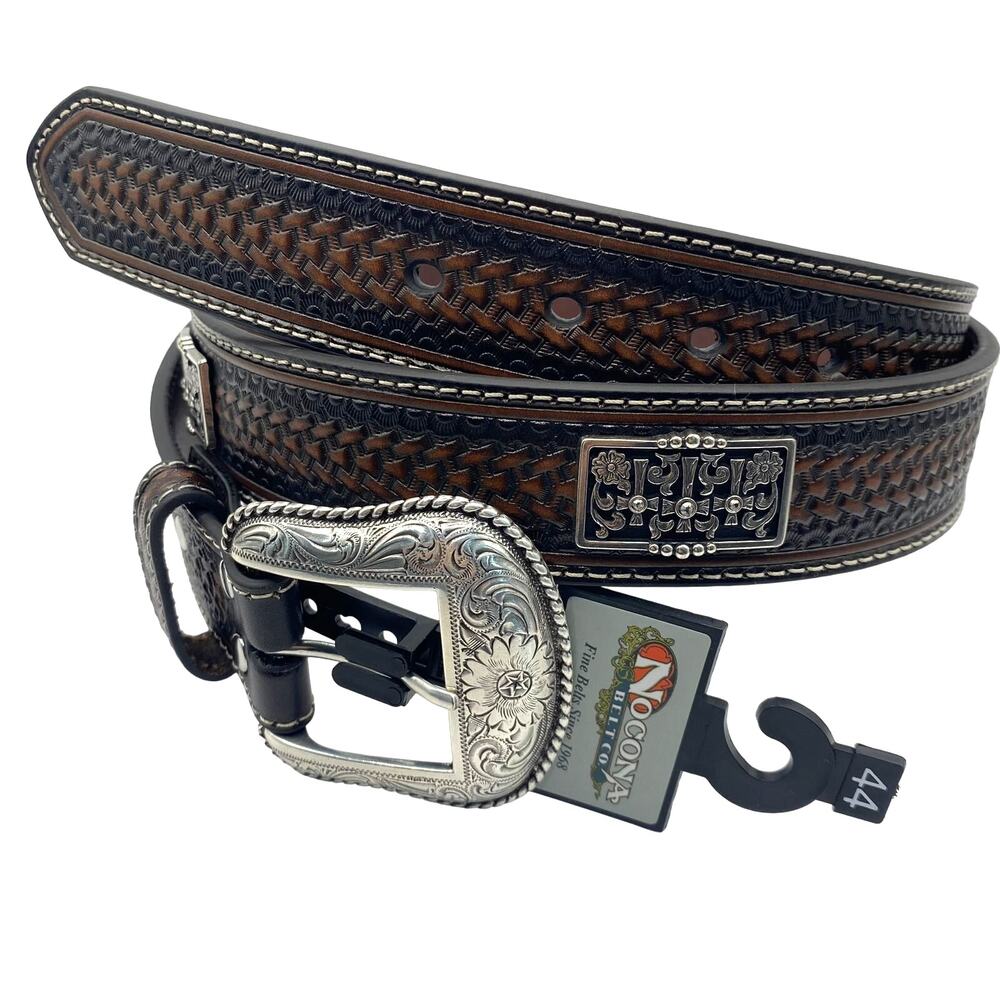 Nocona Western Leather Belt Men 44 Brown Rhinestone Cross Conchos Cowboy Rodeo